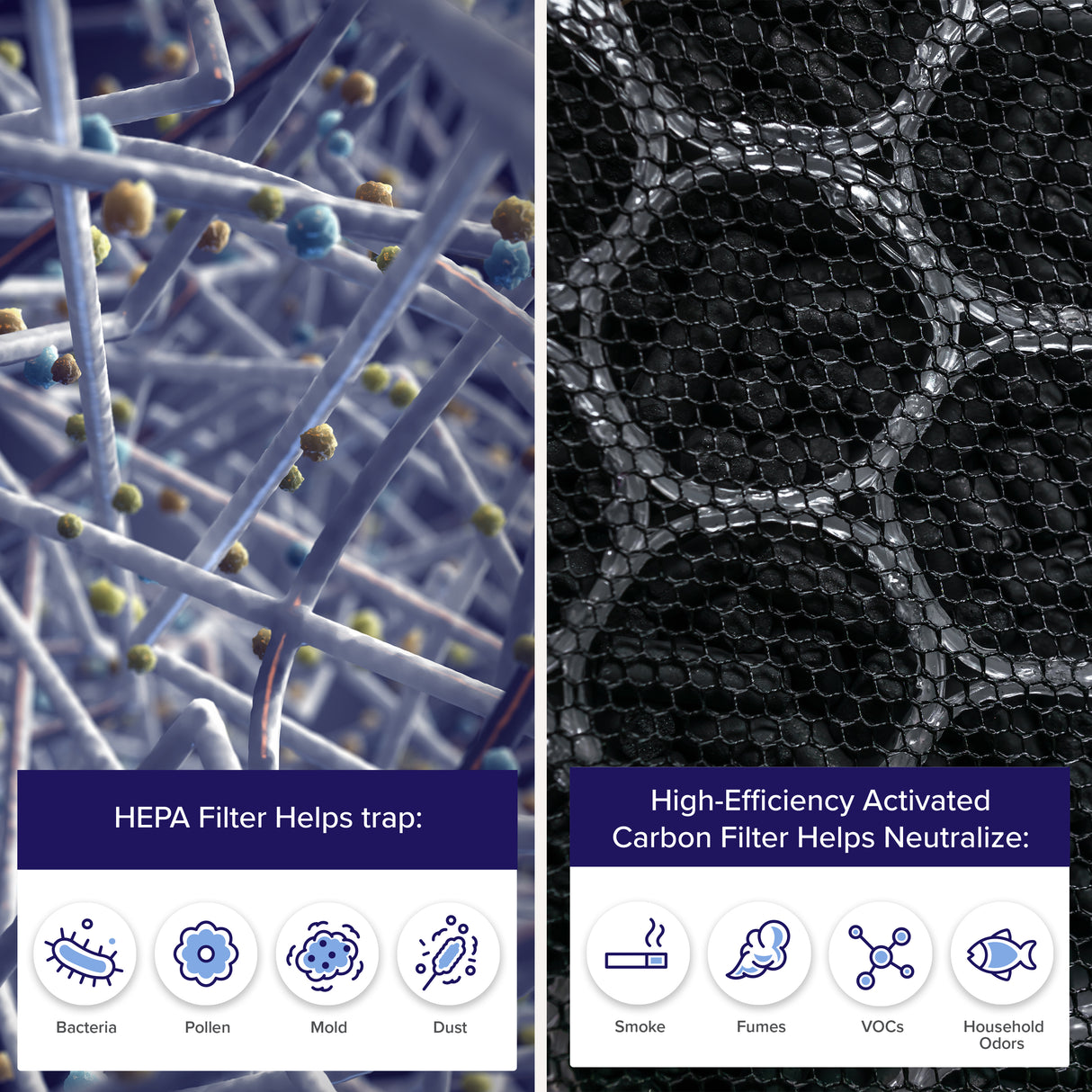 Filter media close-up: blue grid fibers and black honeycomb activated carbon mesh