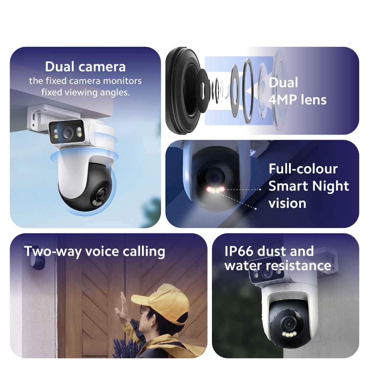Outdoor dual camera shown from front and side, with two lenses and light rings