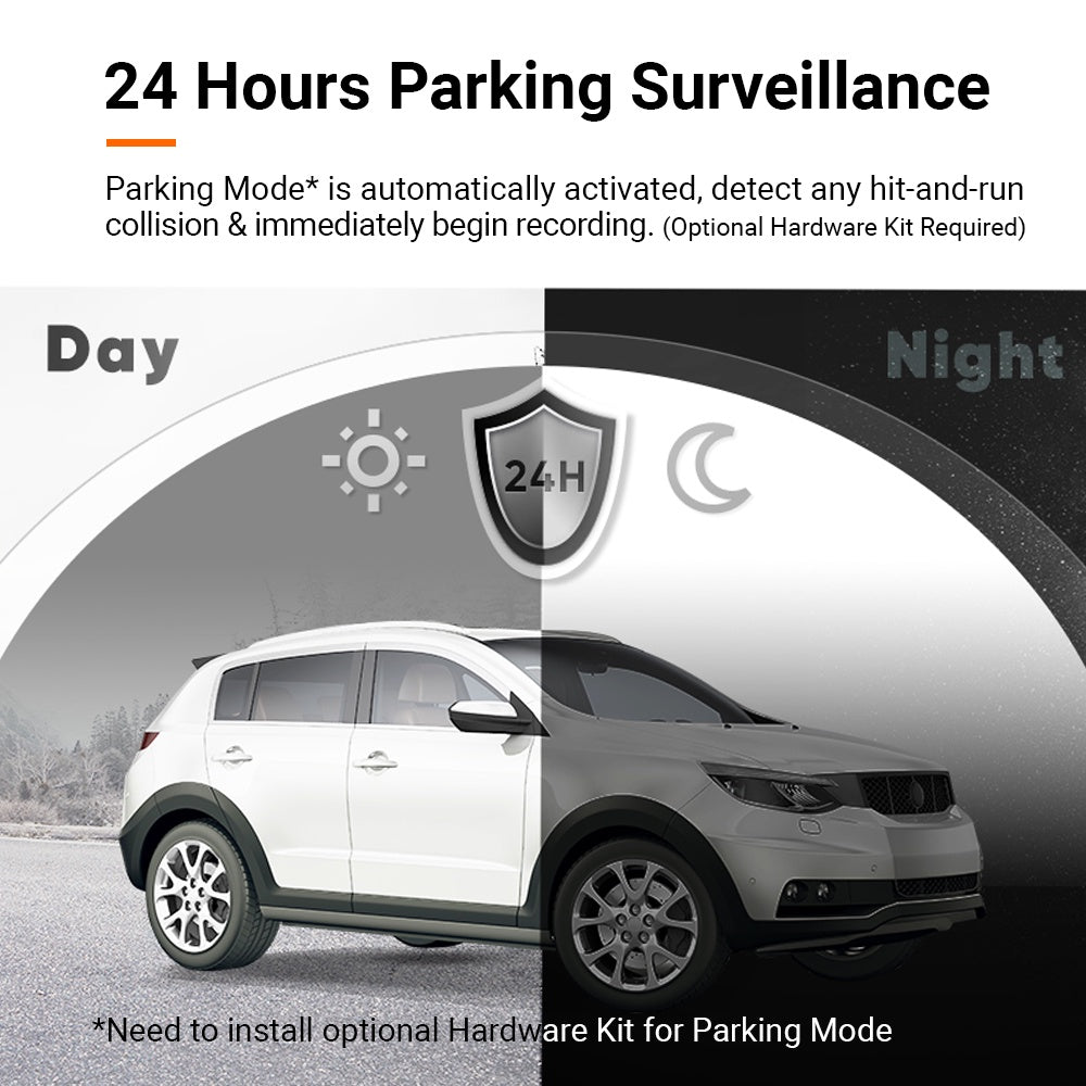 Dash cam parking surveillance graphic showing day and night 24-hour monitoring