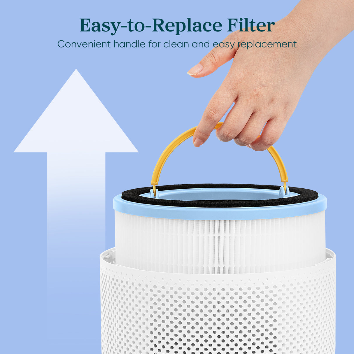 HEPA replacement filter with handle, blue ring, and white pleated media