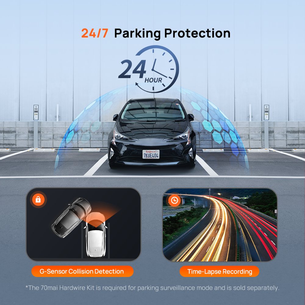 Front dashcam installed in a car, 24/7 parking protection recording feature