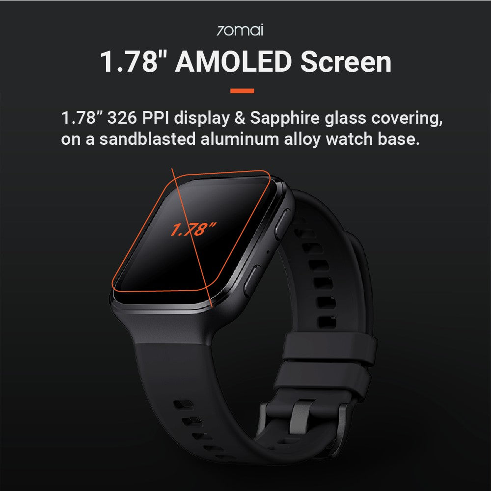 Black square smart watch with bright display and side buttons