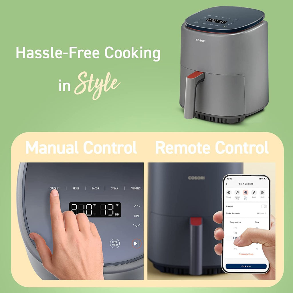 Compact air fryer with side pull handle and top digital touchscreen