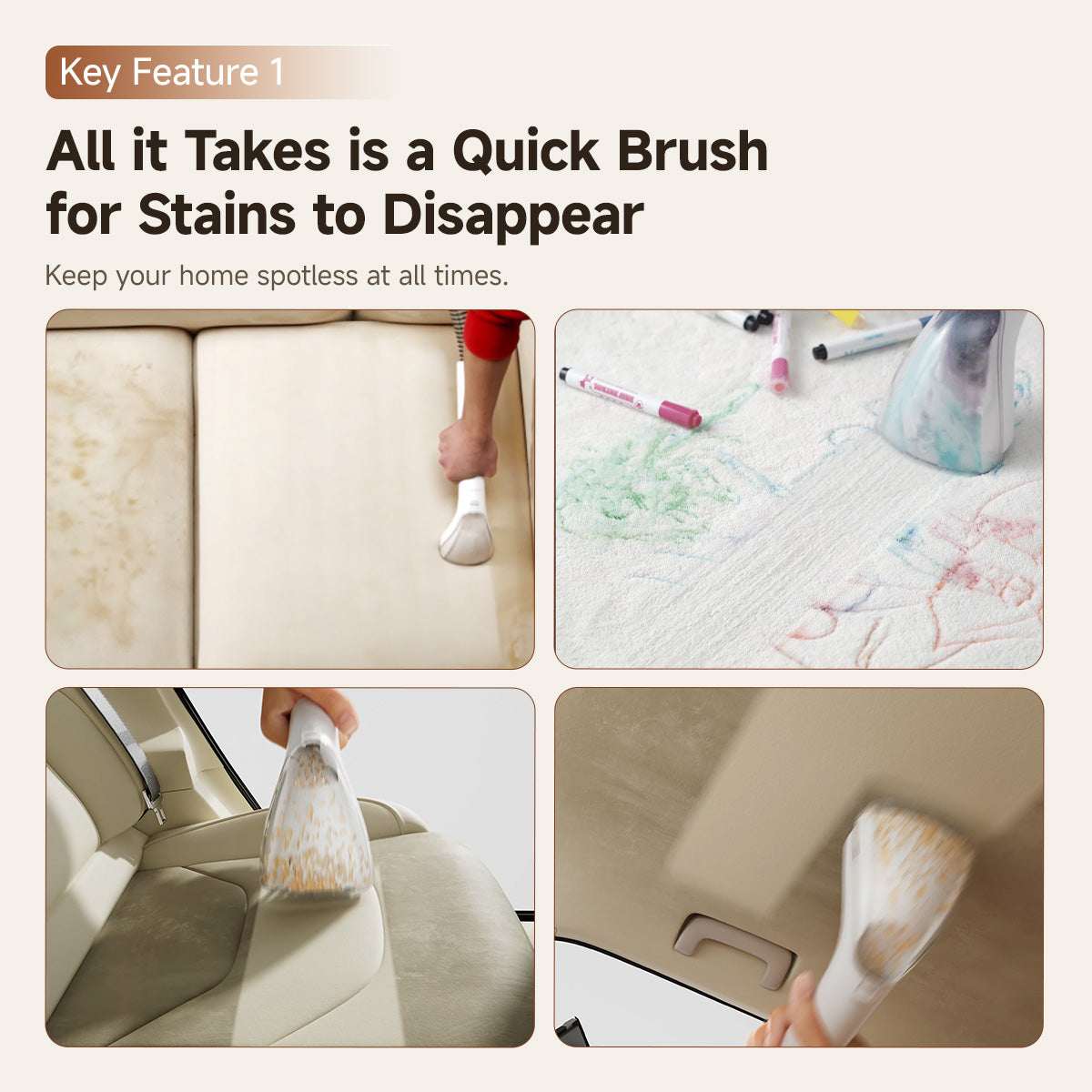 Spot cleaner quick brush feature panel for removing stains from upholstery