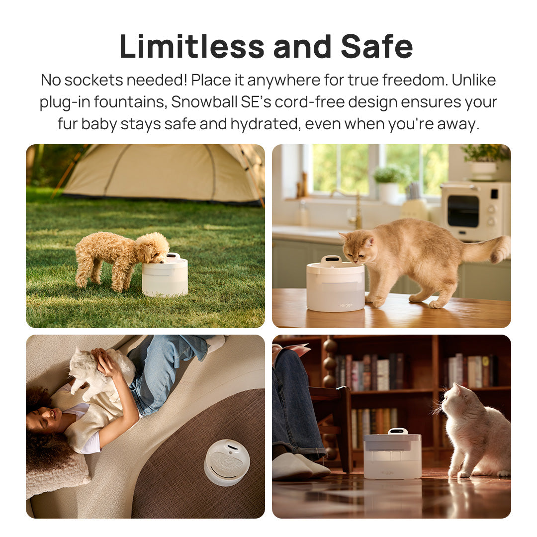 Hiigge Snowball SE Cordless Pet Water Fountain 2.3L with App Control Last Up to 96 Days