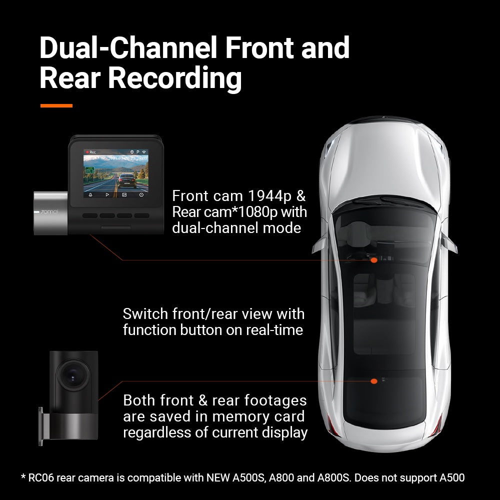 Dual-channel dash cam front and rear recording feature graphic