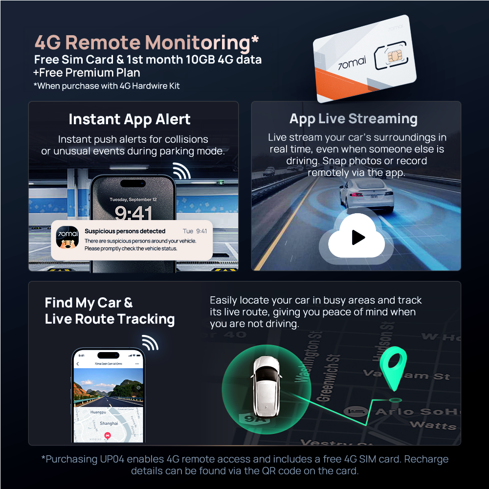 A800SE 4G dashcam remote monitoring app screen with live streaming and alert icons