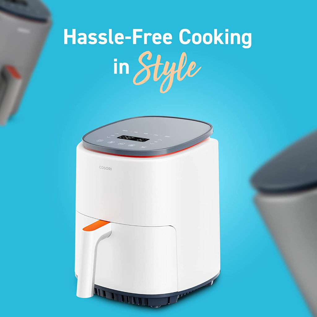 Compact air fryer, white body and top digital control panel