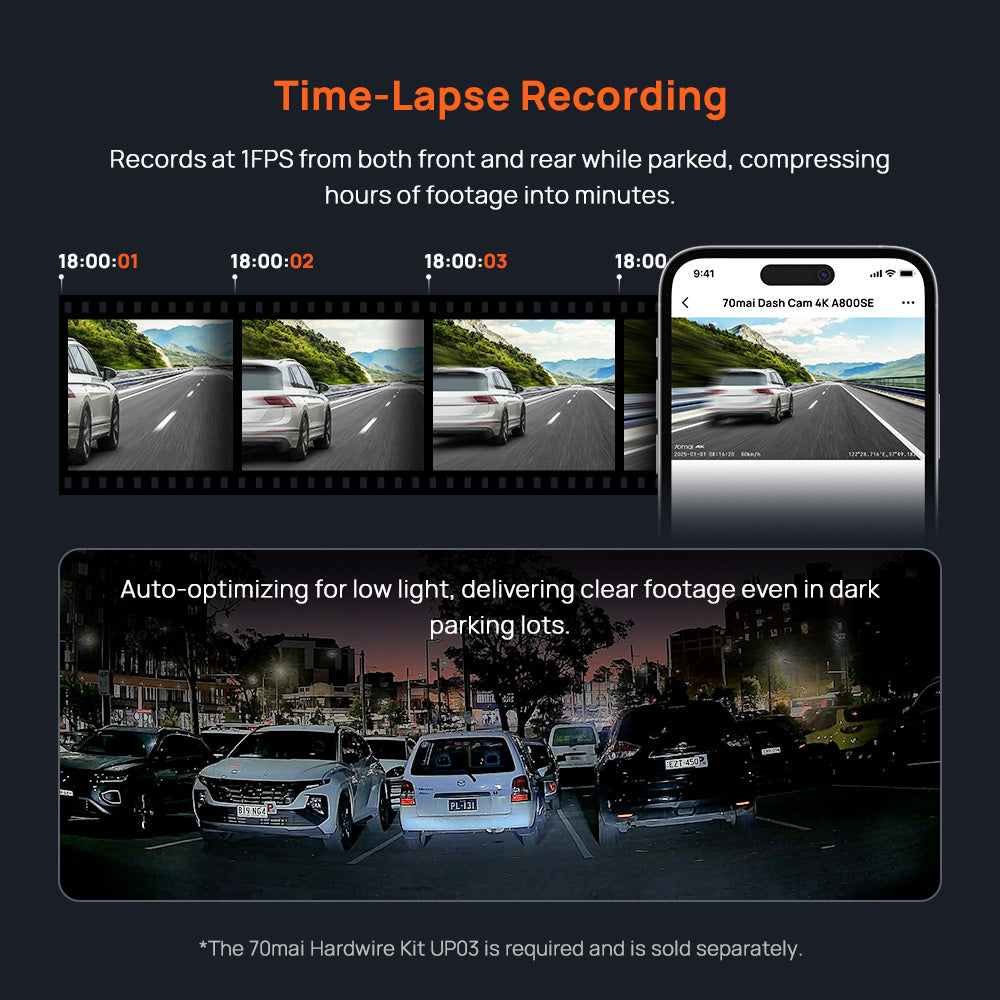 Dash cam time-lapse recording infographic with filmstrip frames and smartphone