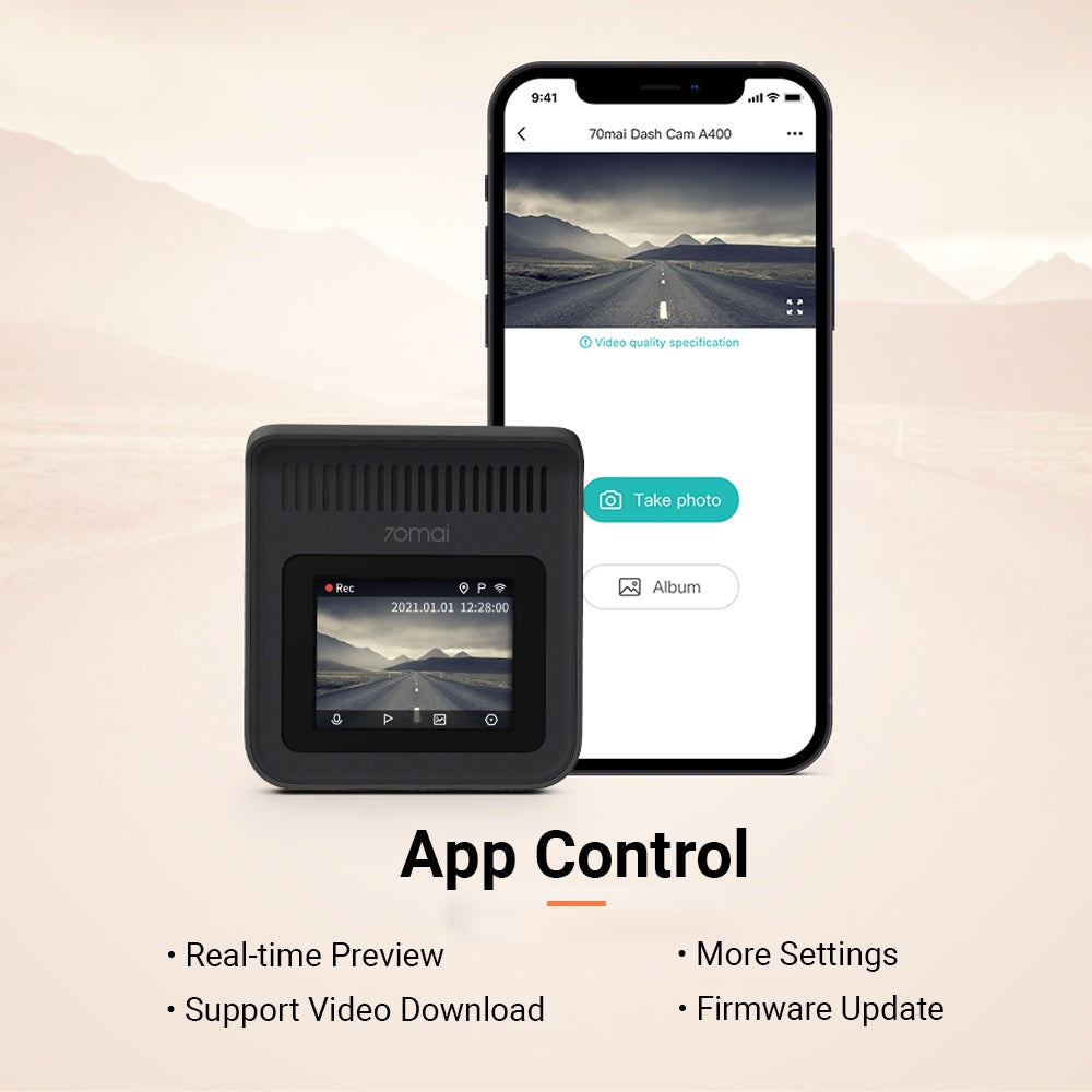 Black dash cam with smartphone app showing dashboard control and real-time preview.