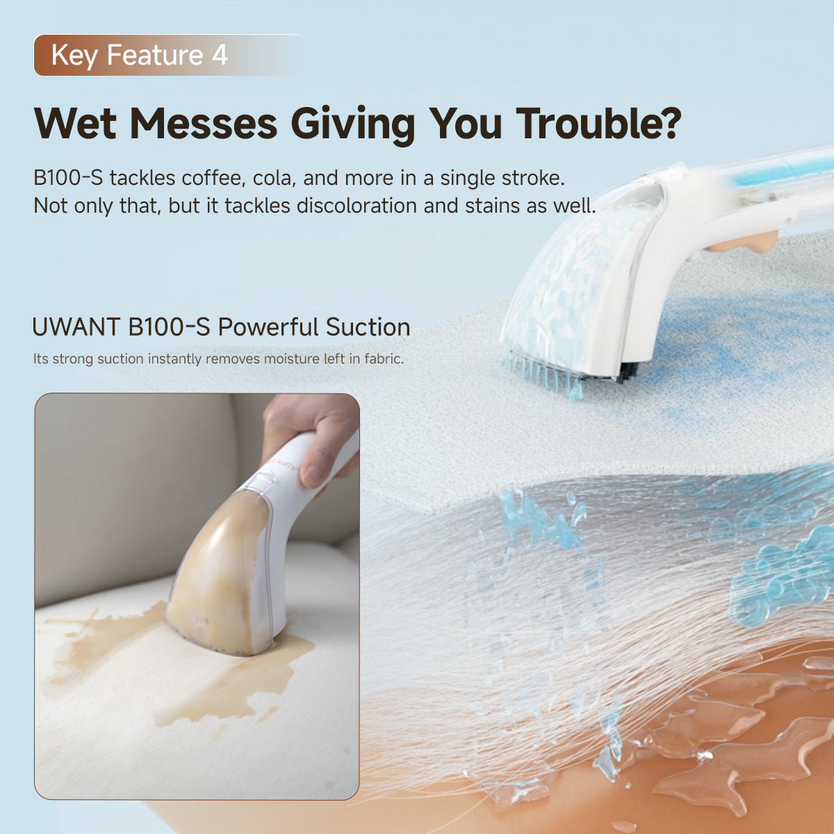 Spot cleaner nozzle releasing water mist for wet stain cleaning on carpet