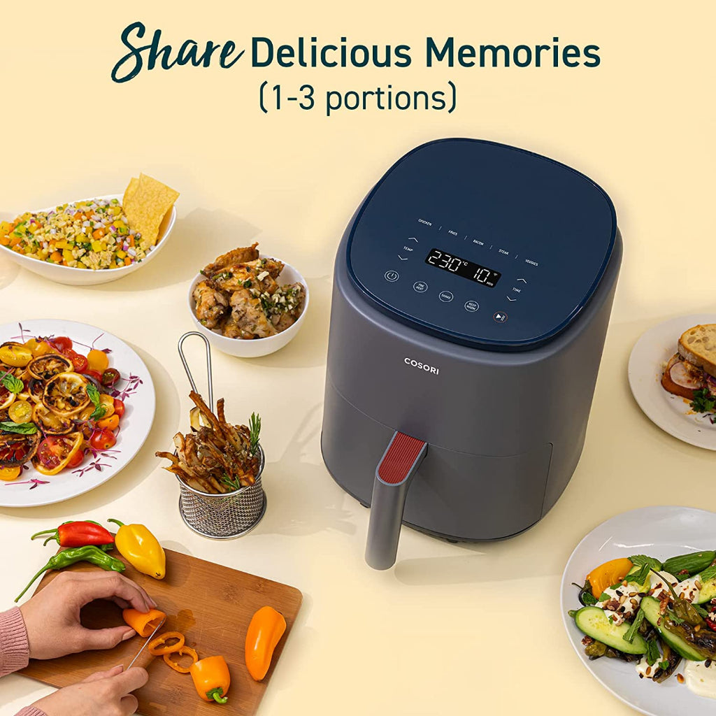 Compact air fryer with top digital display and side handle for 1–3 portions