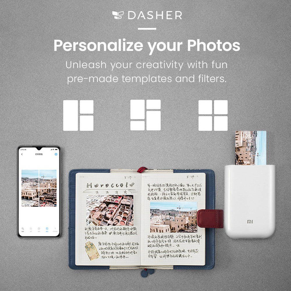 Pocket photo printer beside photos on a notebook and phone