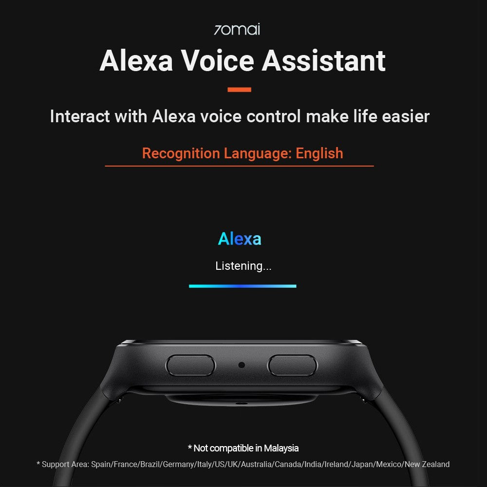 Black smartwatch with dual side buttons and voice assistant screen