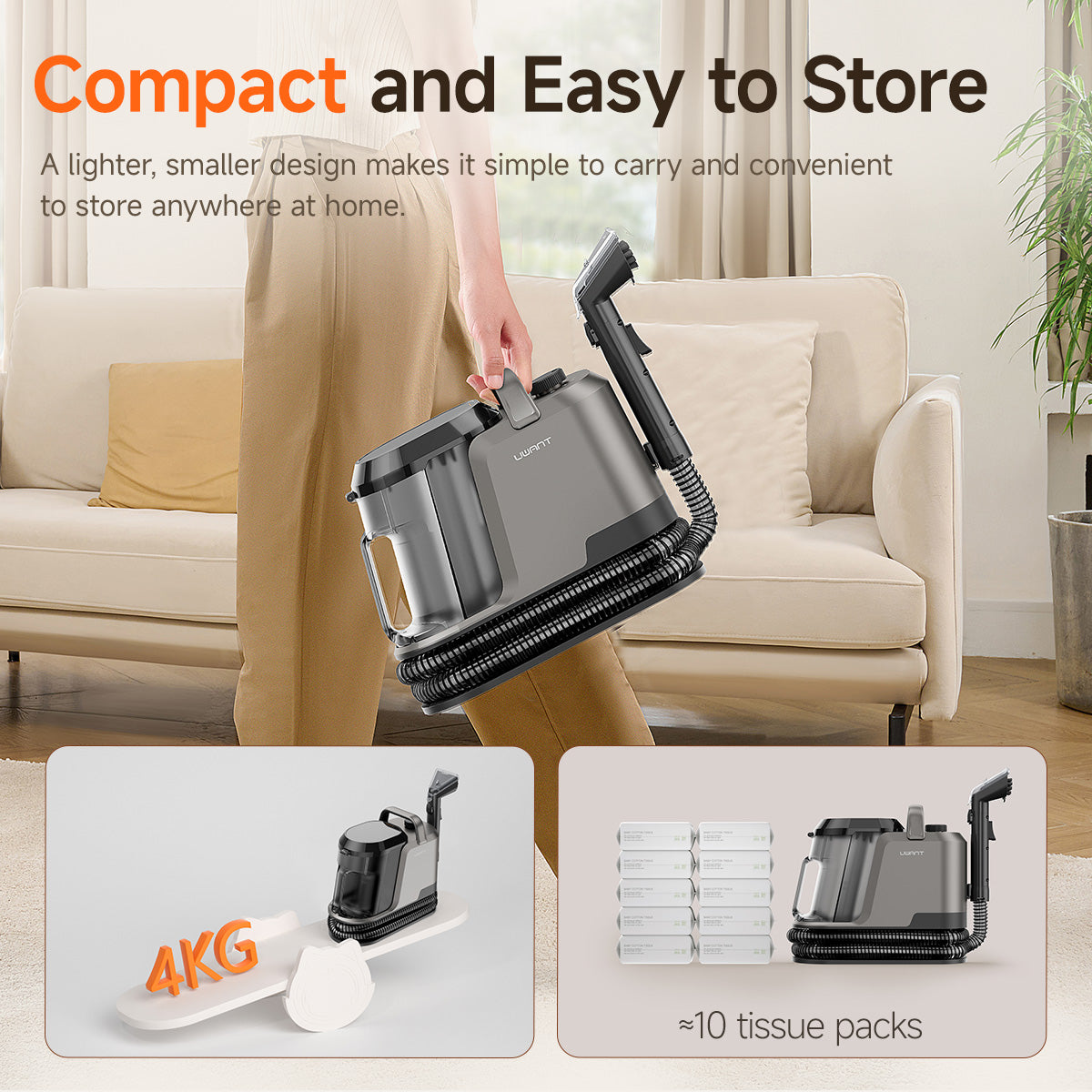 UWANT Y100 steam spot cleaner in compact design, upright with hose
