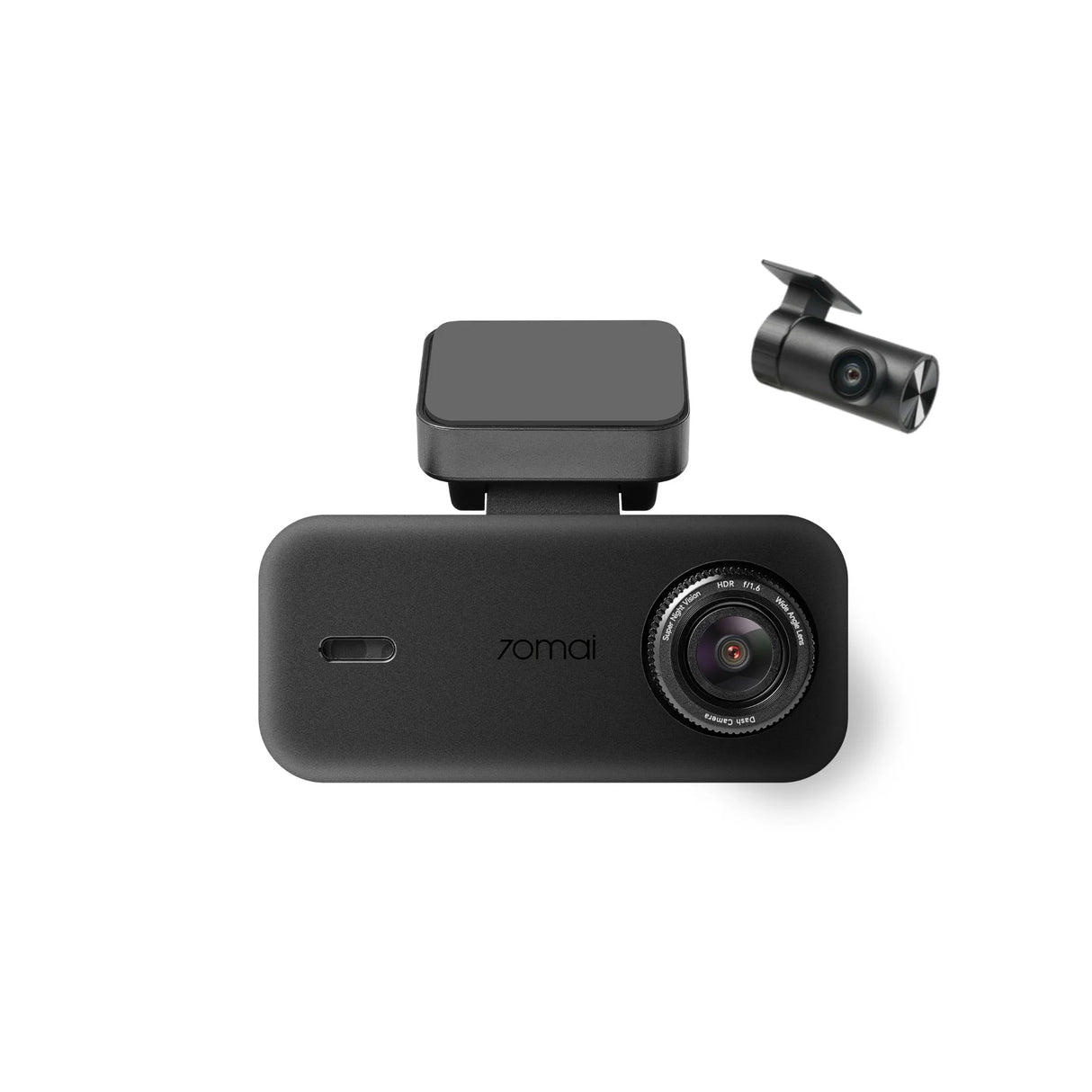 Dual-channel dashcam with front camera and small rear camera, black