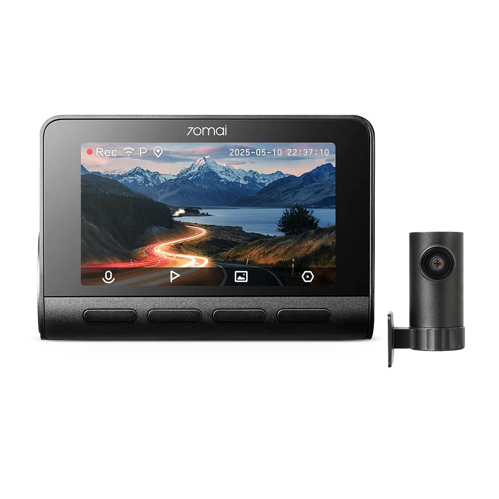Dash cam with front display screen and detached camera module on the side