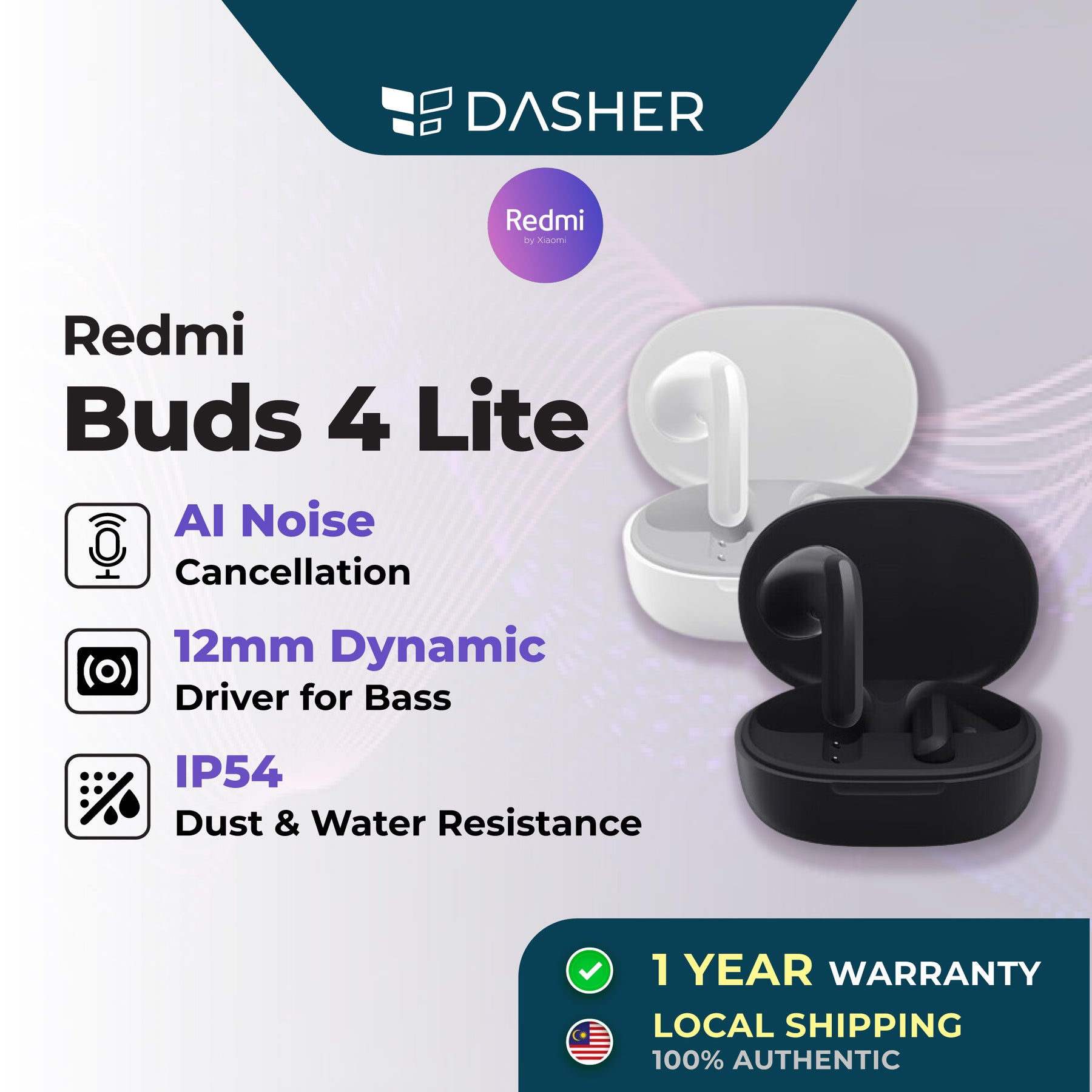 Xiaomi Redmi Buds 4 Lite Wireless Earbuds TWS Bluetooth 5.3 Call Noise IP54 Water Resistance 20 Hours Battery