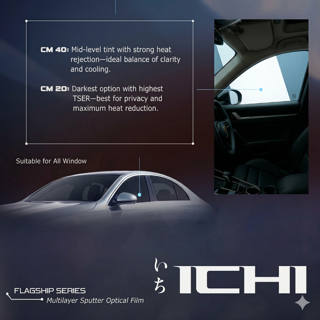 Tinted car window film (ICHI series) with side window tint level shown