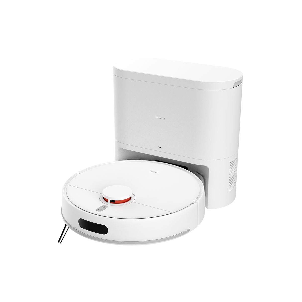 White robot vacuum cleaner close-up with top control and rear docking unit