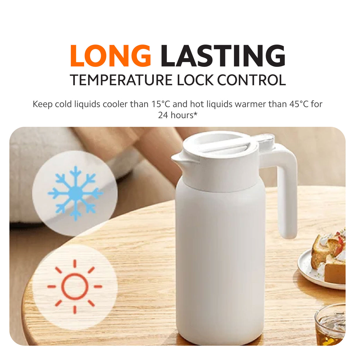 White insulated kettle on a table with blue and sun temperature icons