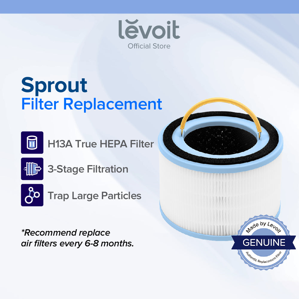 Replacement HEPA filter canister with blue rim, white pleated core, and black cover