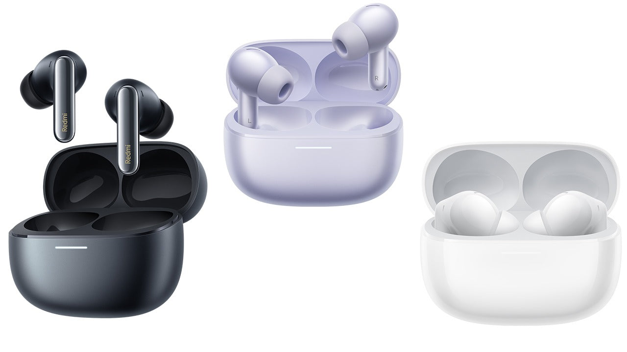 Wireless earbuds with charging case, shown in black and light colors