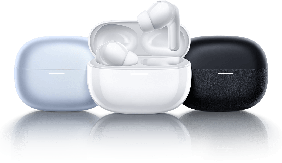 Redmi Buds 5 Pro: white earbuds in open charging case, with light blue and black cases
