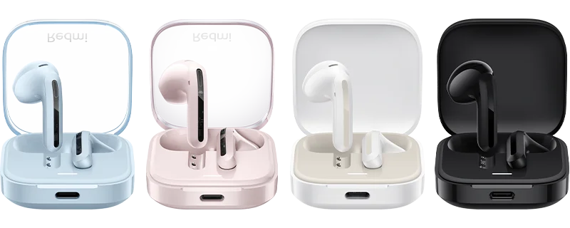 Redmi Buds 6 Active—multiple color charging cases with earbuds