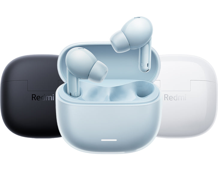Light-blue charging case with two earbuds, open view