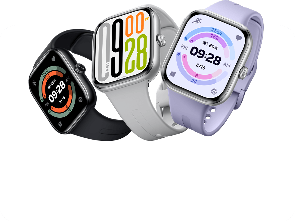 Redmi Watch 5 smartwatches with black, gray, and lavender silicone straps