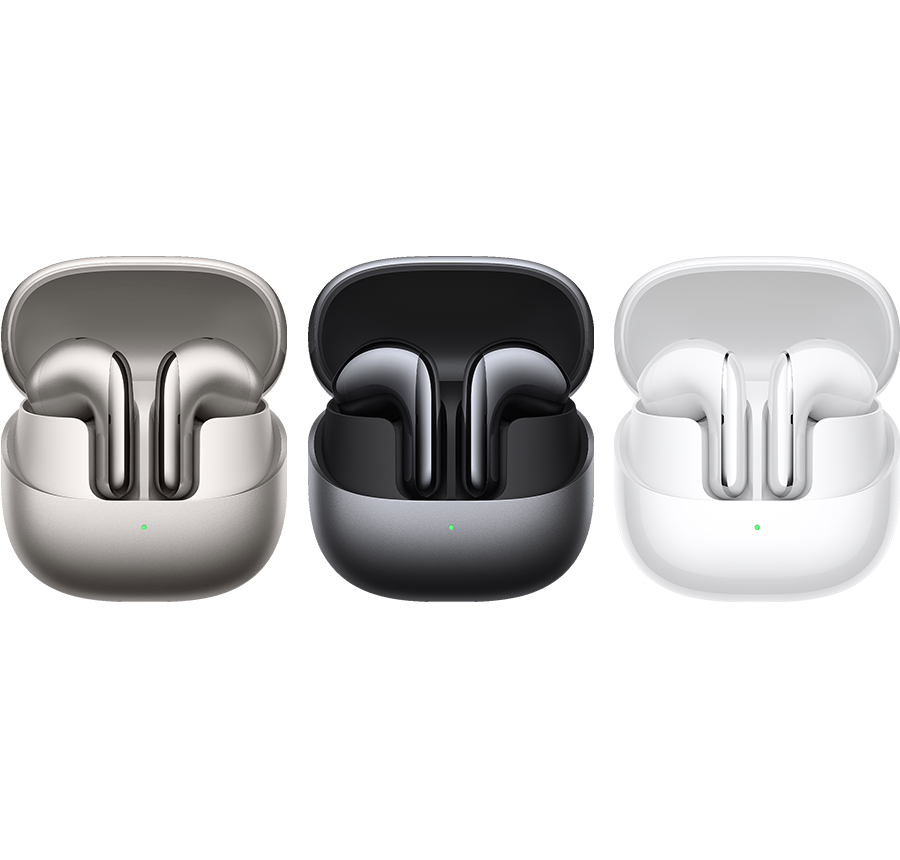 Xiaomi Buds 5 charging cases: gray, black, white with earbuds
