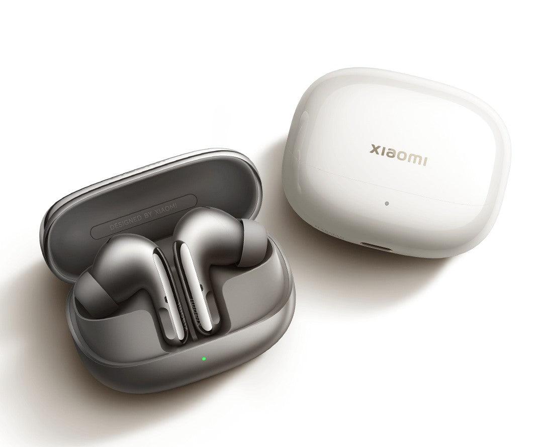 Xiaomi Buds 5 Pro wireless earbuds with charging case, white and dark gray