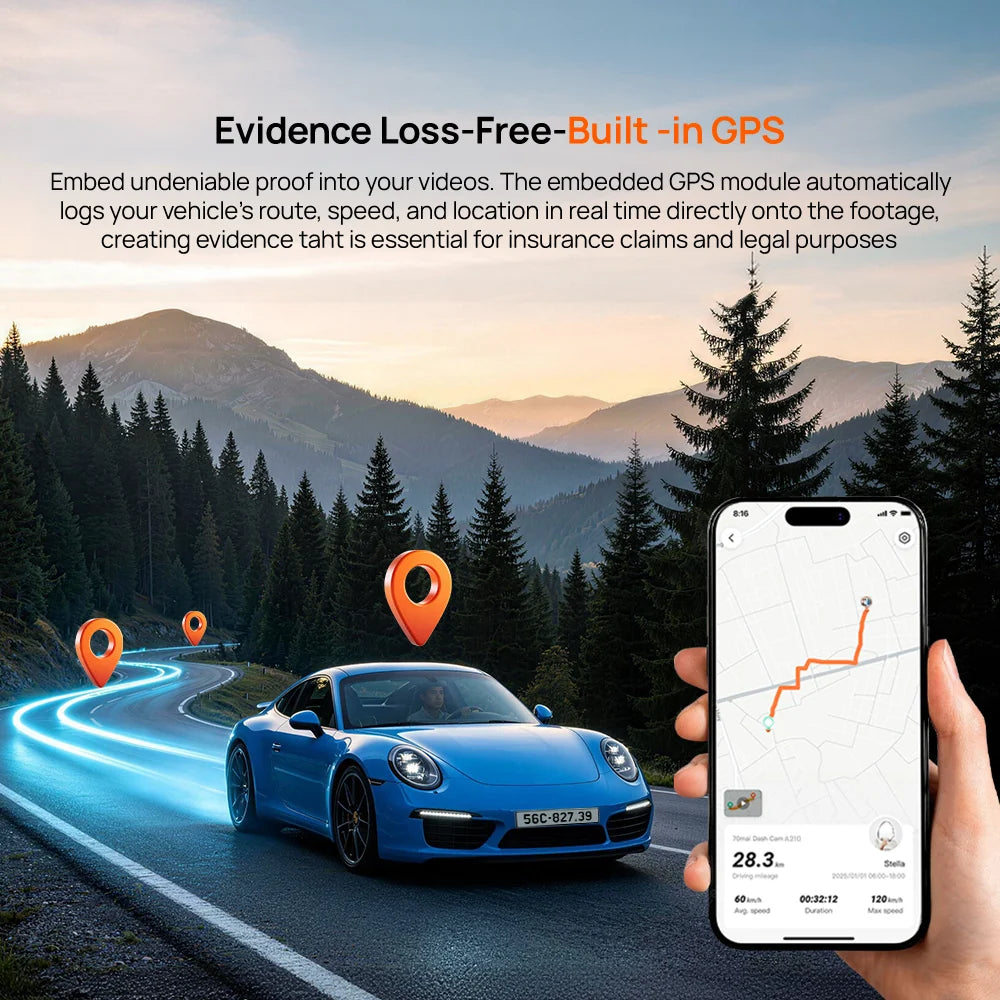 Dashcam with built-in GPS concept showing a road route on a smartphone