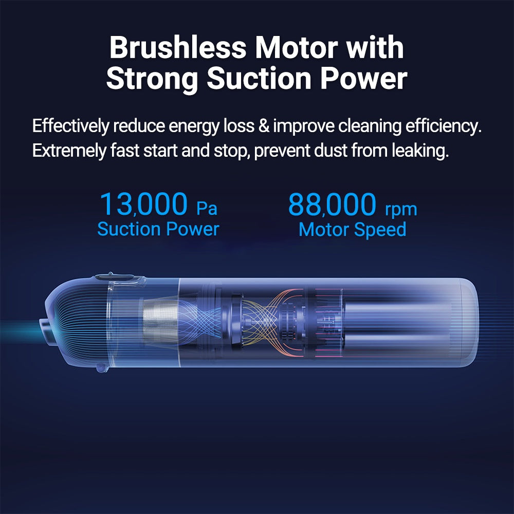 Mini vacuum cleaner cutaway with brushless motor and suction air channel.