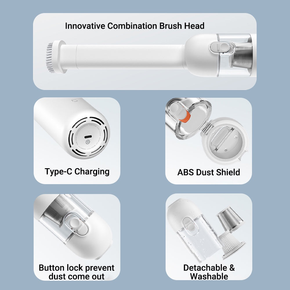Mini vacuum cleaner with detachable washable brush head and Type-C charging.