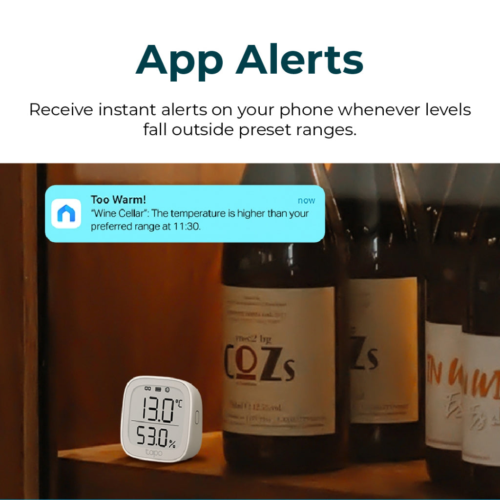 Tapo temperature & humidity monitor with phone app alert shown for out-of-range levels