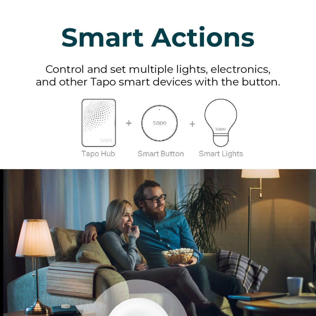 Tapo smart button with optional hub and smart lights (shown together)