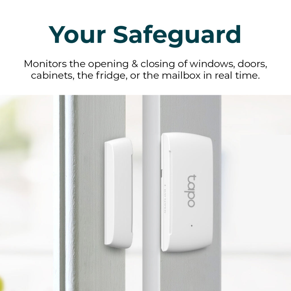 White contact sensor mounted on door frame, slim sensor and side unit