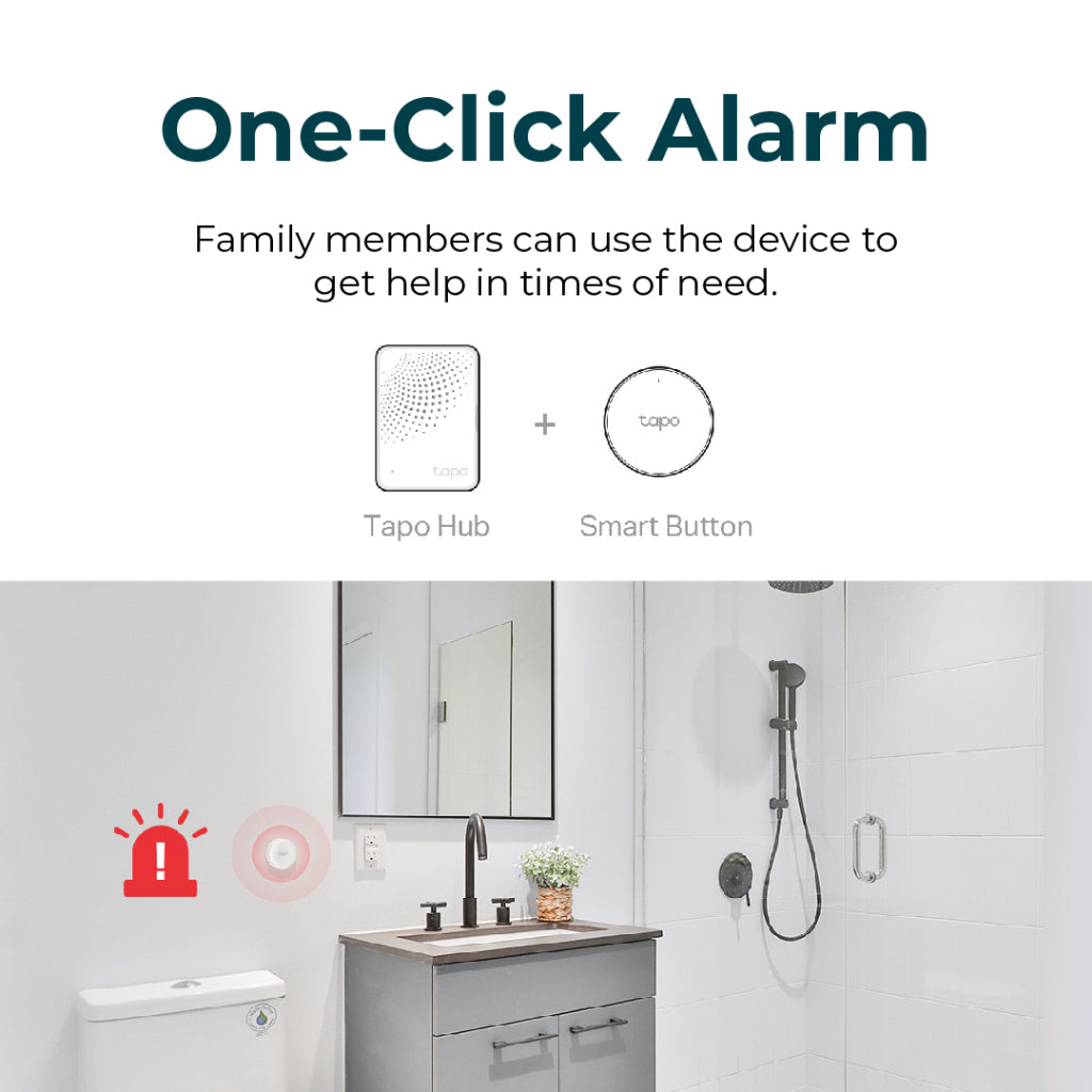Tapo one-click alarm: smart button and hub devices shown