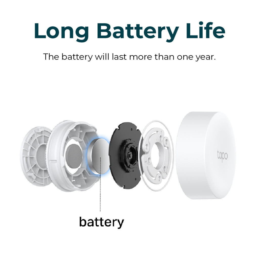 Tapo smart button exploded view showing battery compartment