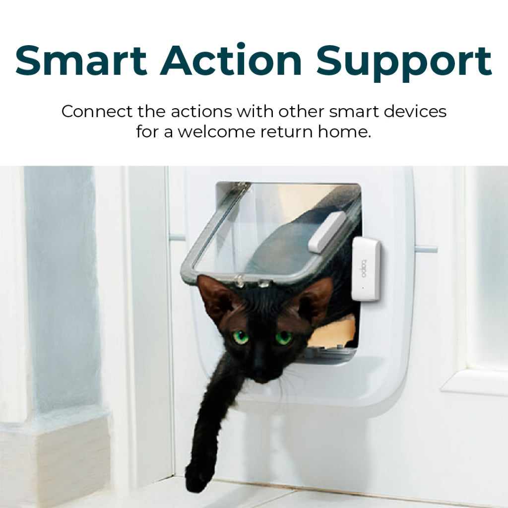 White contact sensor near door, showing smart action triggered icon