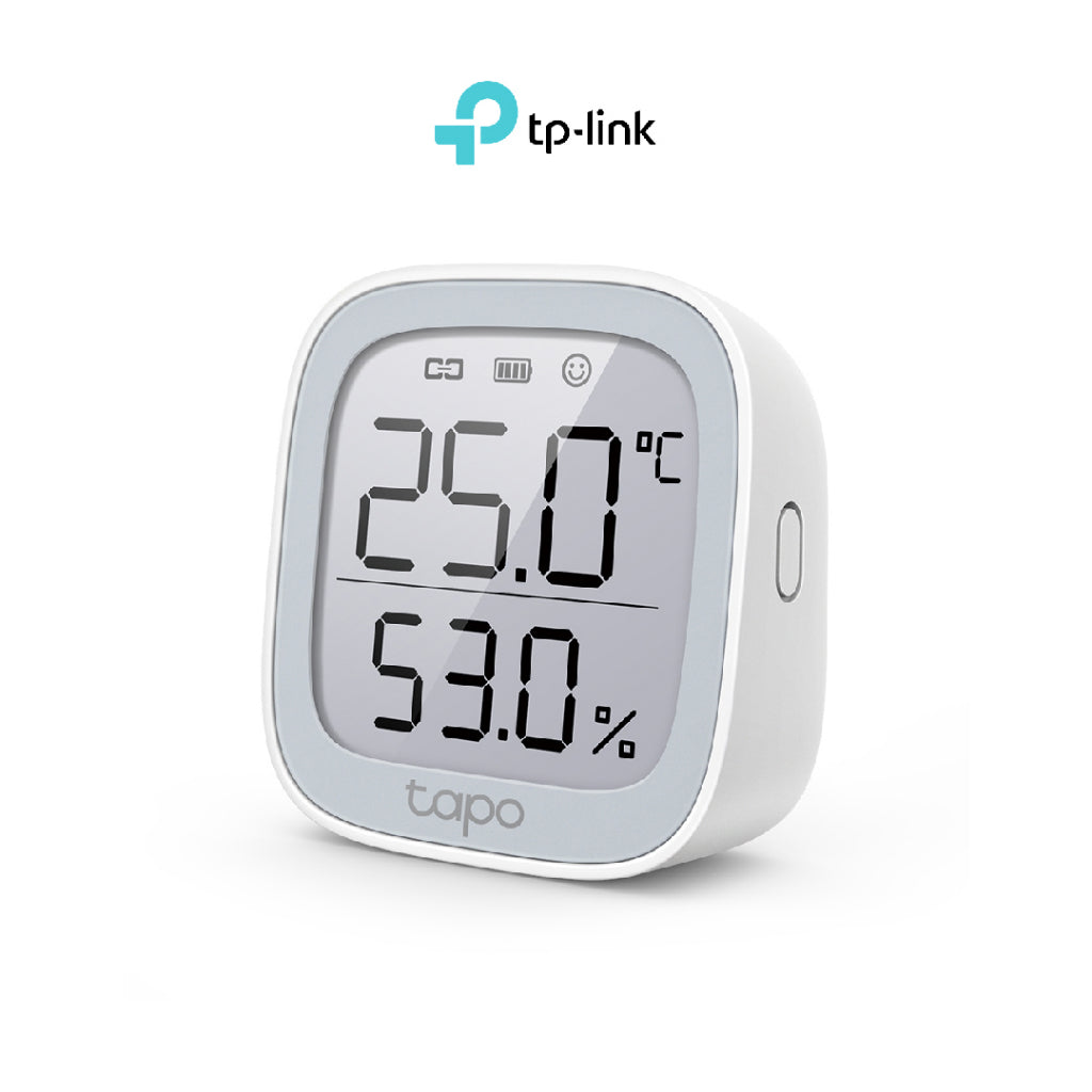 TP-Link Tapo T315 temperature & humidity monitor with LCD display showing 25.0°C, 53.0%