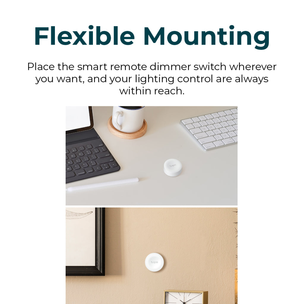 White Tapo smart remote dimmer switch button placed on a desk and wall