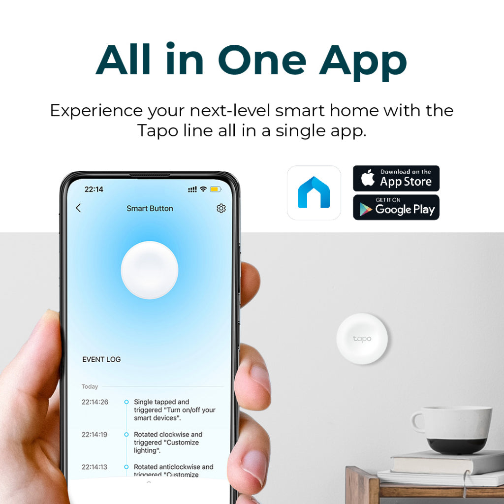 Tapo smart button paired with smartphone app interface display