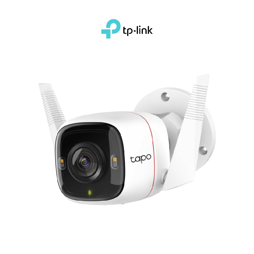 White TP-Link Tapo outdoor Wi‑Fi CCTV camera with dual antenna