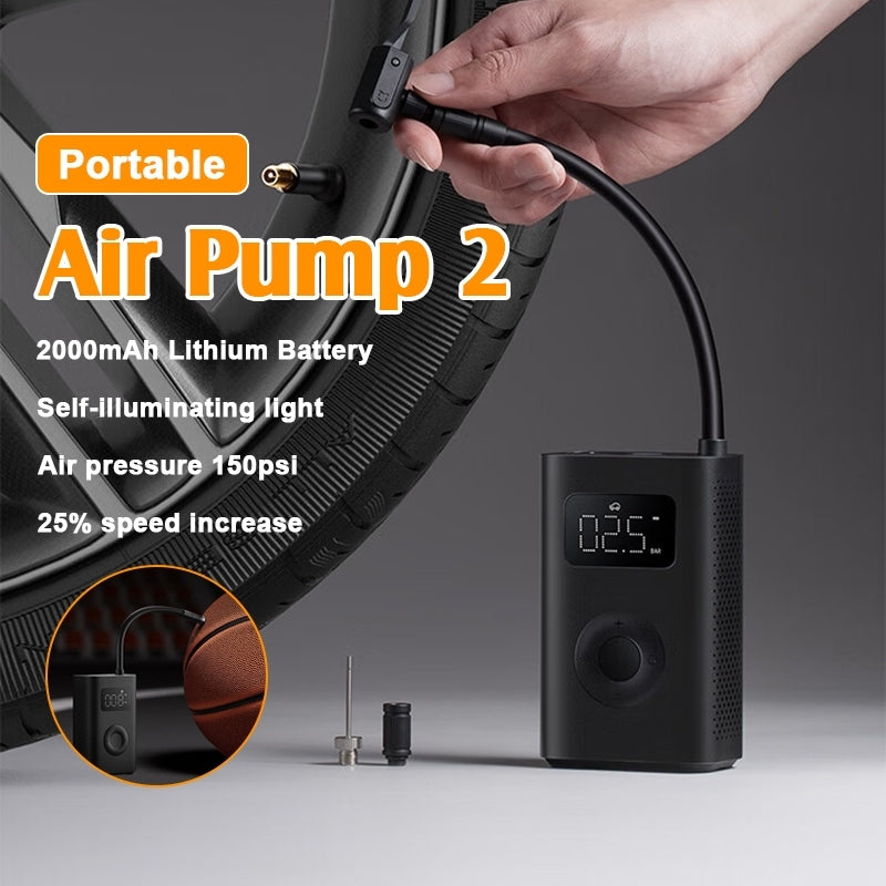Portable air pump 2 with LCD screen and control dial, shown with charging cable