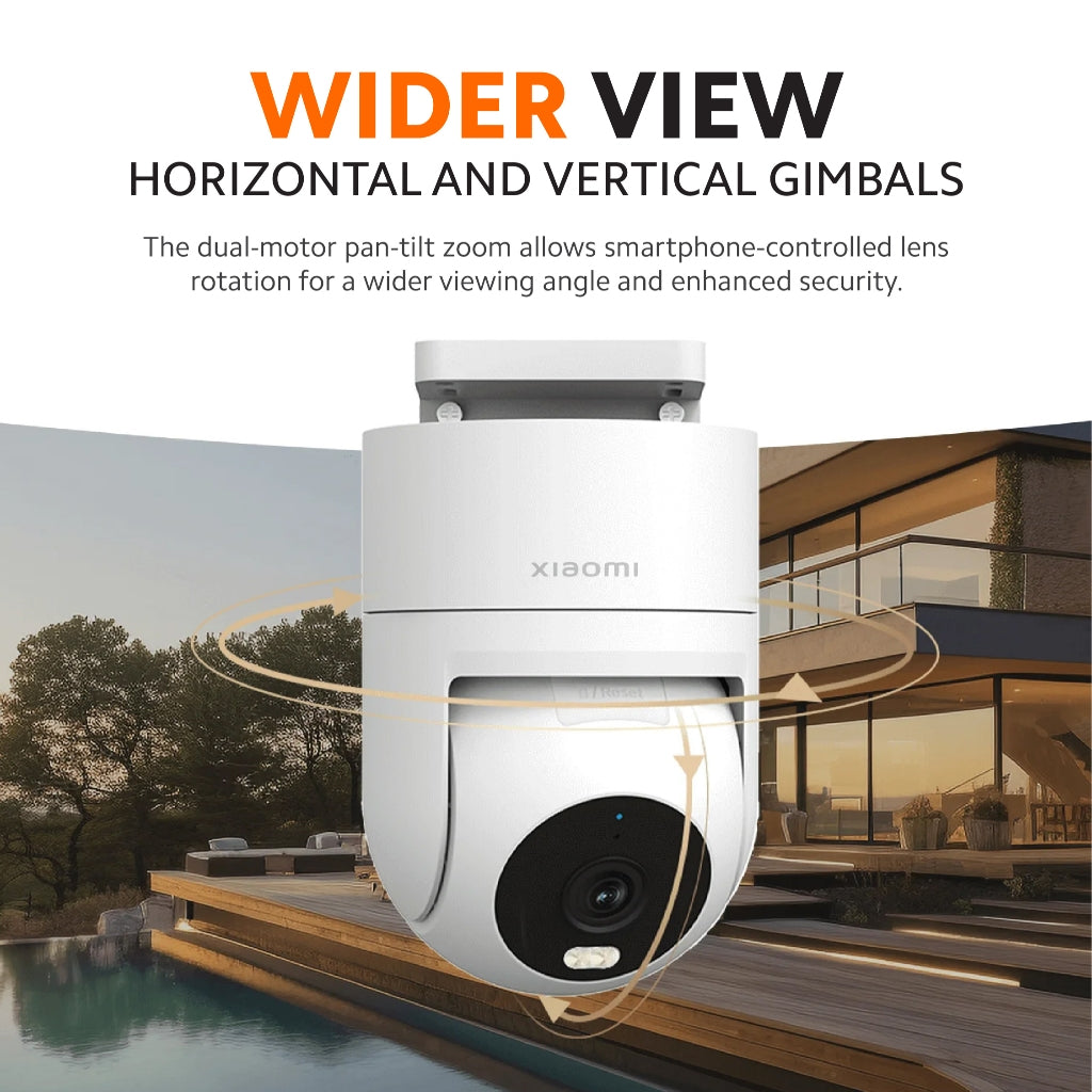 Outdoor security camera with dual-axis gimbal, white housing, front view on mount