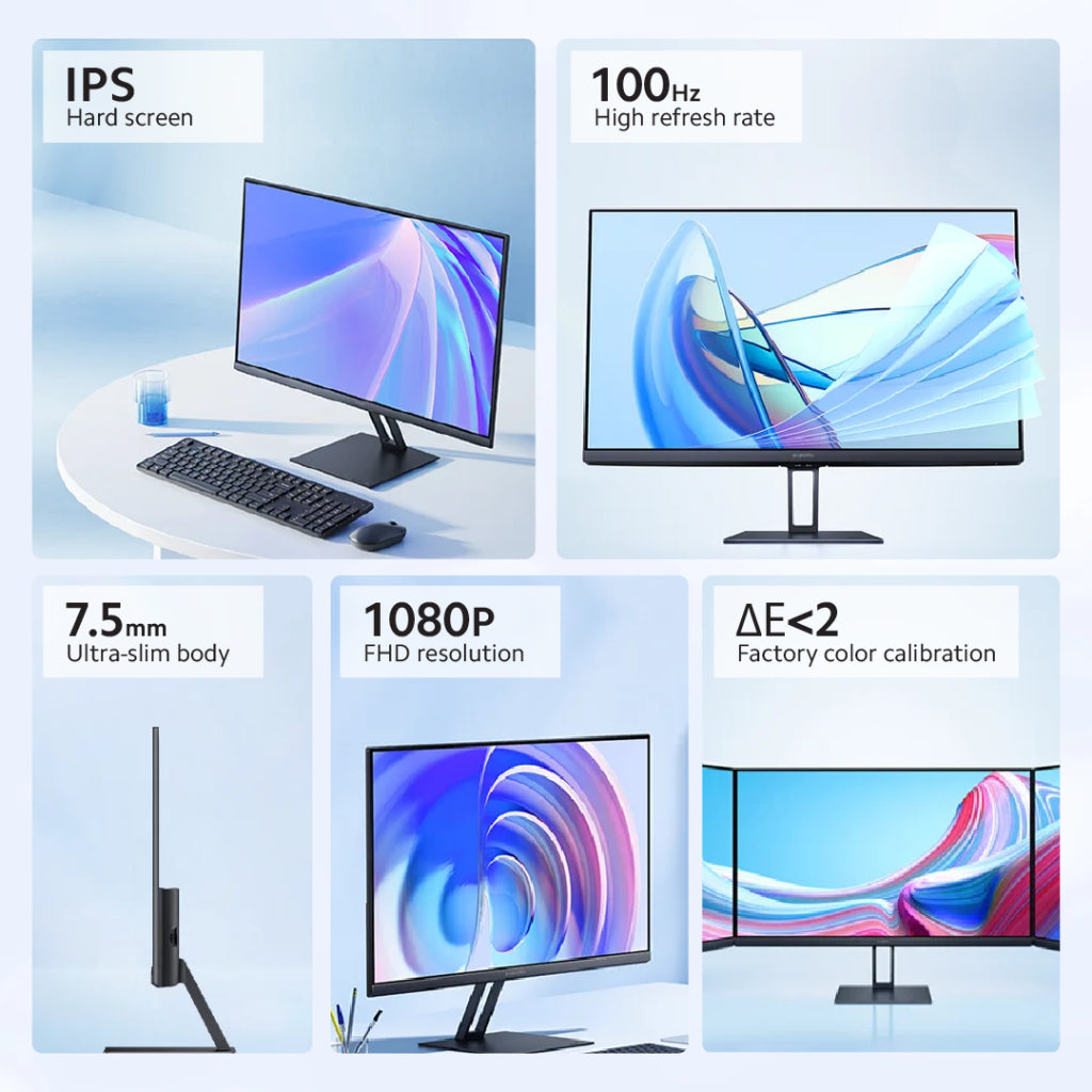 Desktop monitor with thin profile and adjustable base; front view and side-view panels