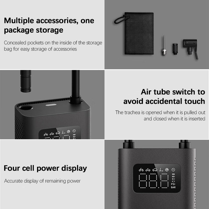 Air pump 2 with accessory storage pouch, tube switch, and four-cell power display